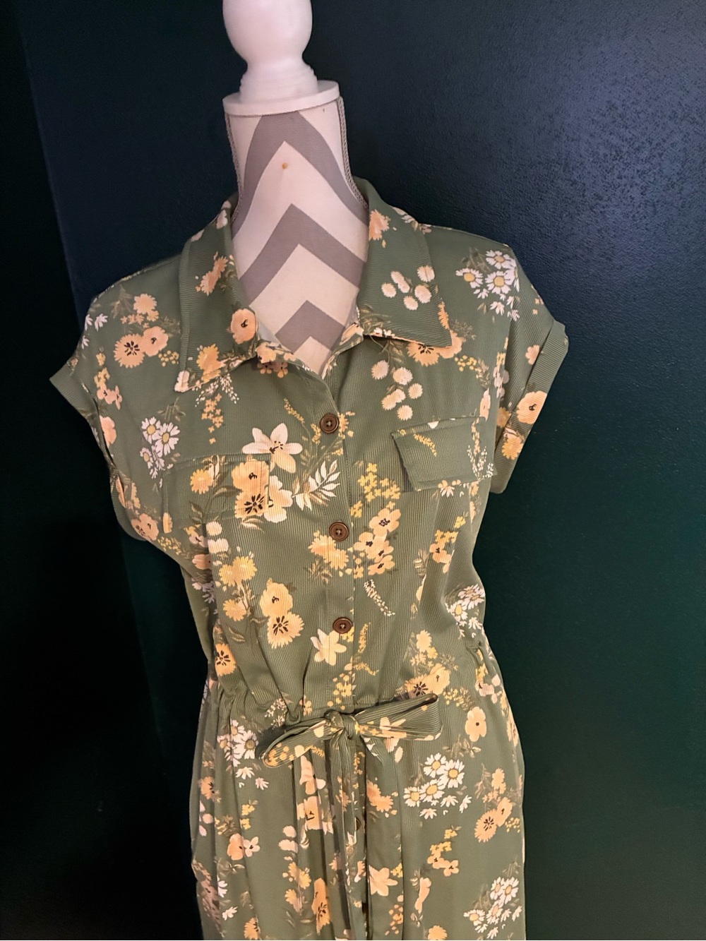 Olive Green Floral Button-Front Shirt Dress